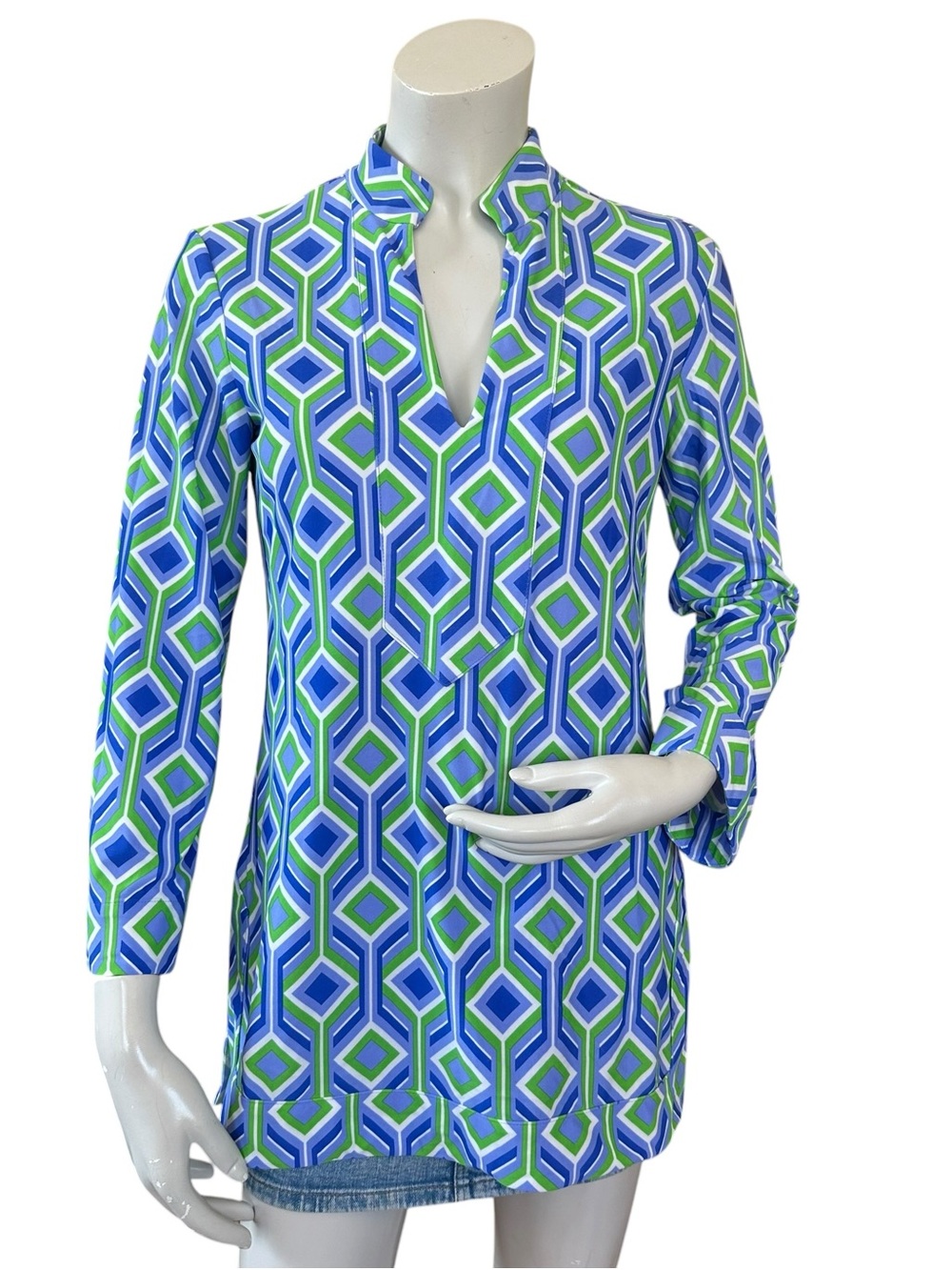 Jude Connally Marlowe Trellis Green Blue Lattice Print Long Sleeve Tunic Small